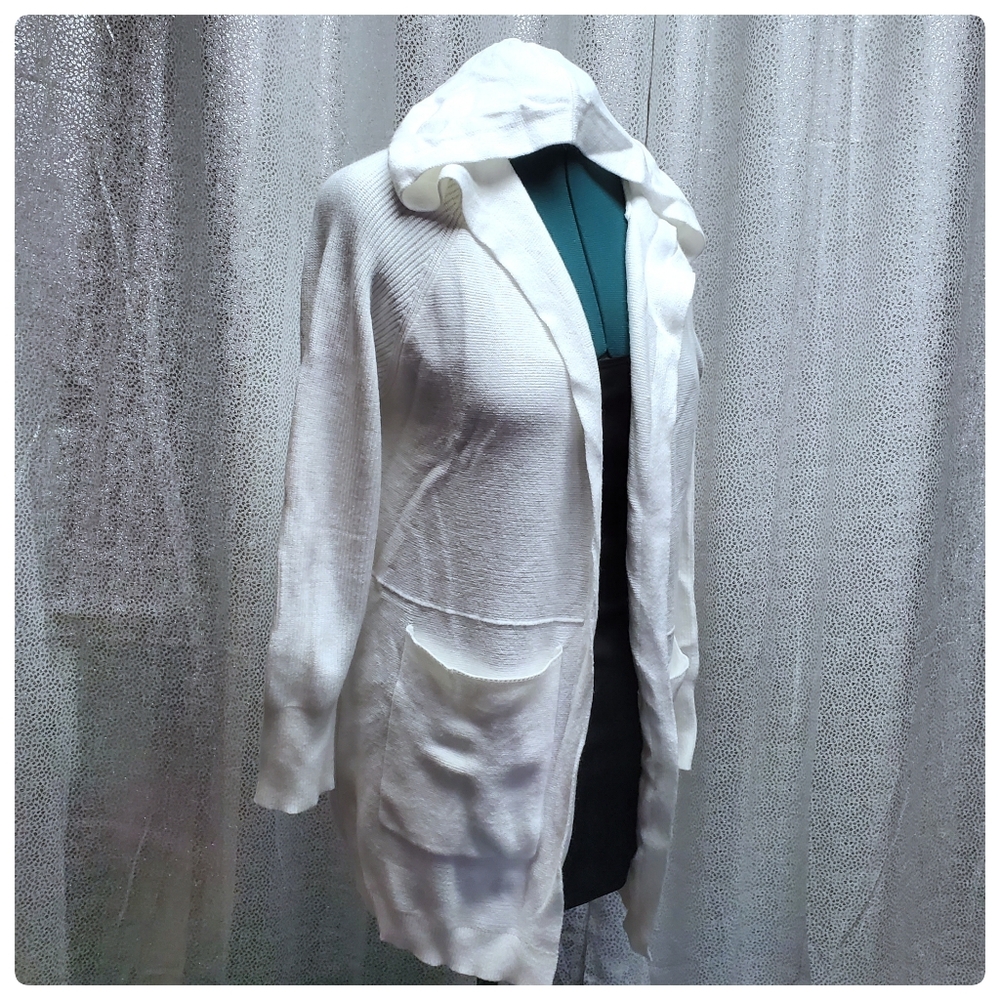 White Hooded Long Sleeve Open Front Cardigan